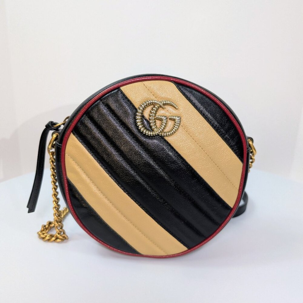 Gucci Beige and Black GG Marmont Round Mini Bag - Picture 1 of 13